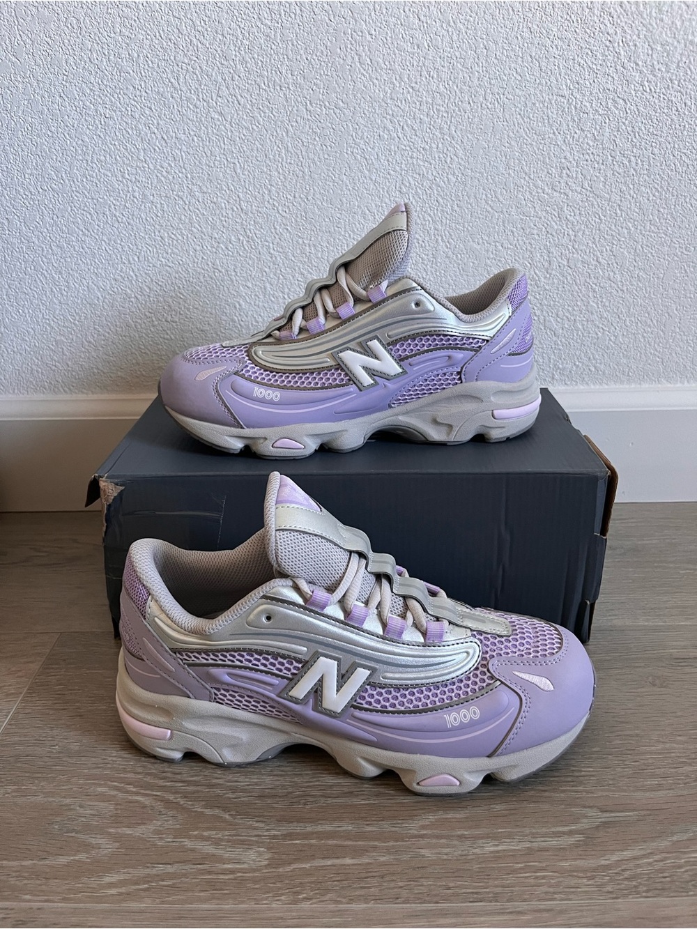 New Balance Lavender and Light Gray Chunky Mesh Sneakers